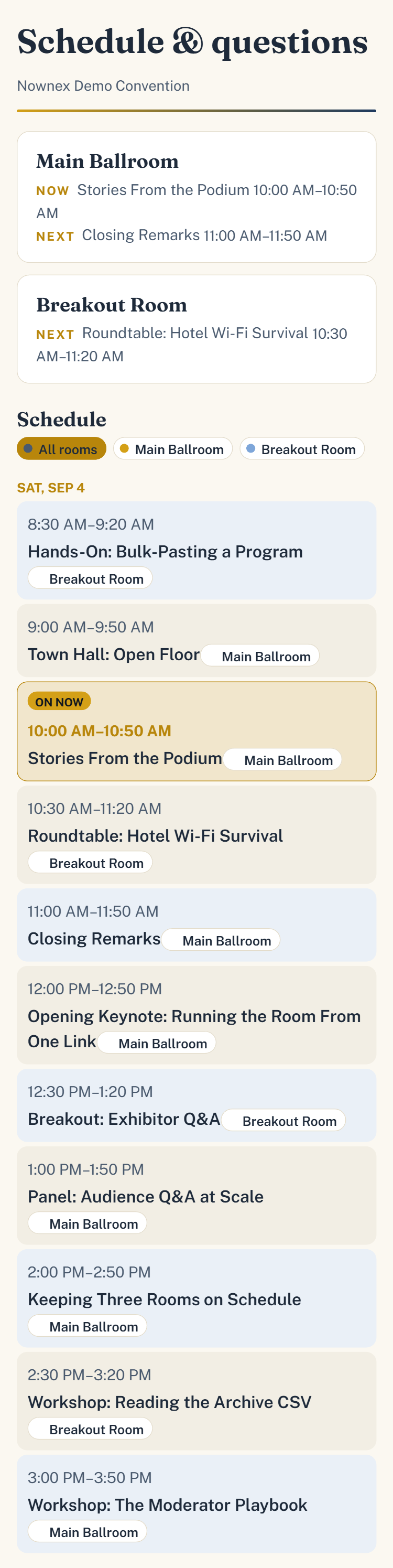 Attendee phone: the event schedule with every room's Now and Next, the room legend and the day's sessions with the live one highlighted