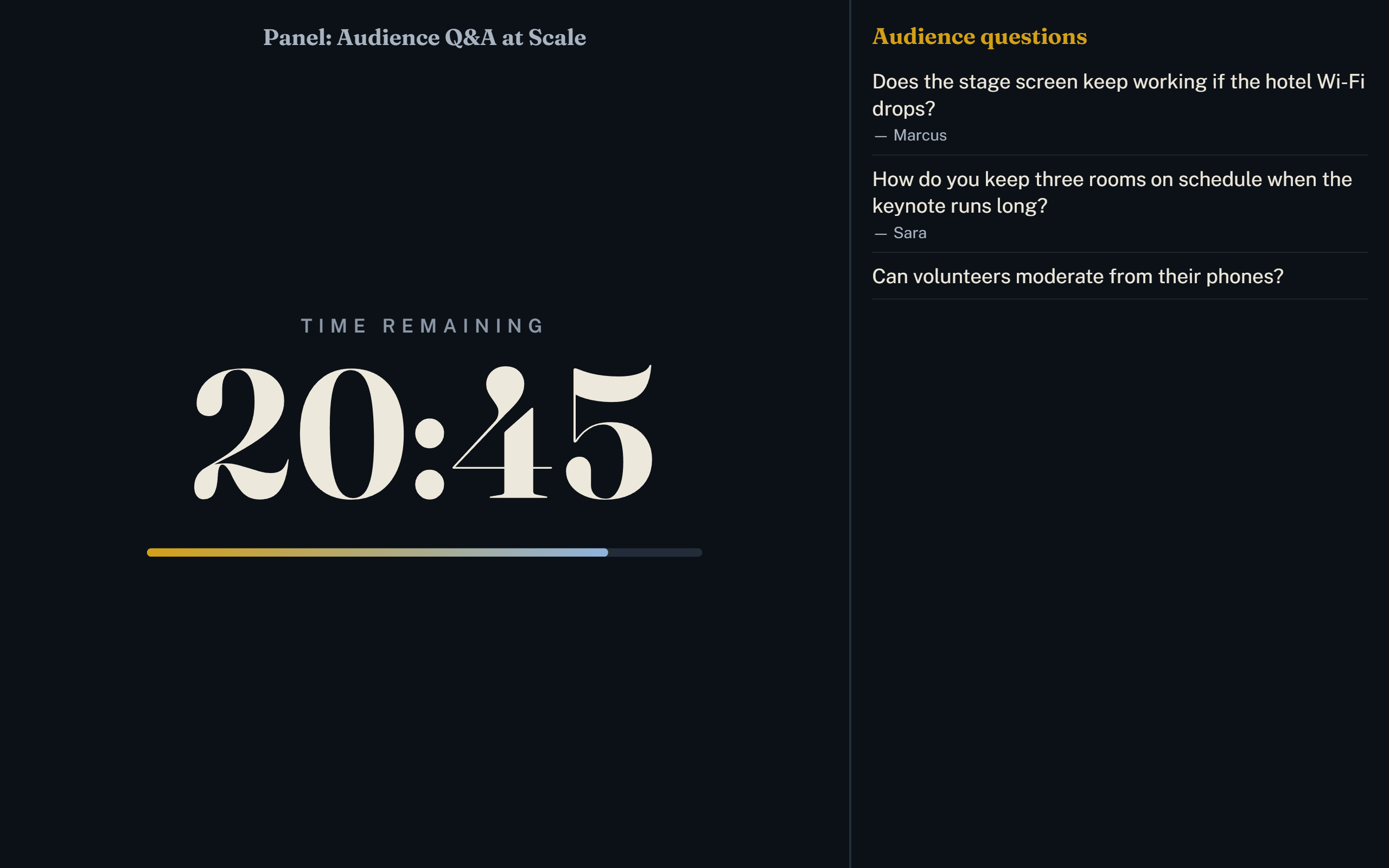 Stage display: countdown, message and the approved questions
